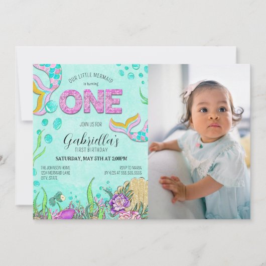 Aangepaste foto Mermaid 1e verjaardag Uitnodiging (Voorkant)