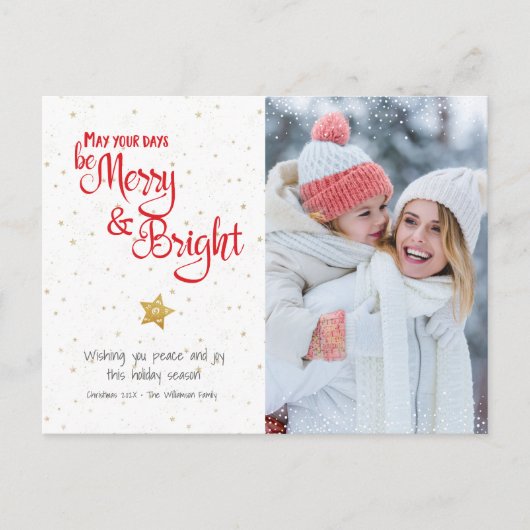 Aangepaste foto Merry BrightScript Gold Star Rusti Feestdagenkaart (Voorkant)