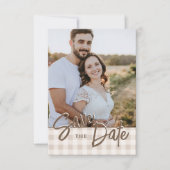 Aangepaste foto met beige geruite Save The Date (Voorkant)