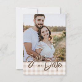 Aangepaste foto met beige gingham save the date