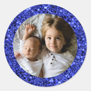 Aangepaste foto met blauw glitter-Lijst Ronde Sticker