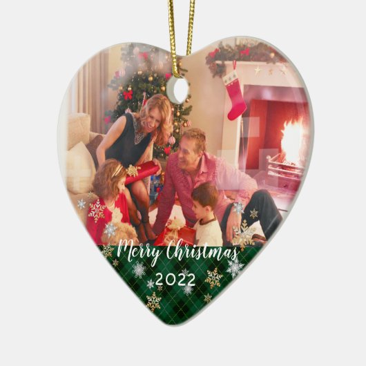 Aangepaste foto met driezijdig groen geplakt kerst keramisch ornament (Links)