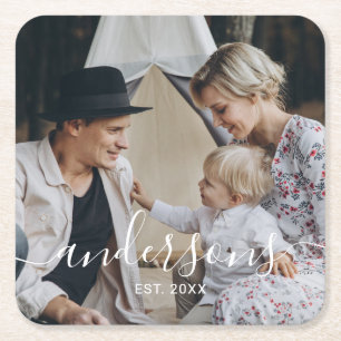 Aangepaste foto met familienaam en oprichtingsjaar kartonnen onderzetters
