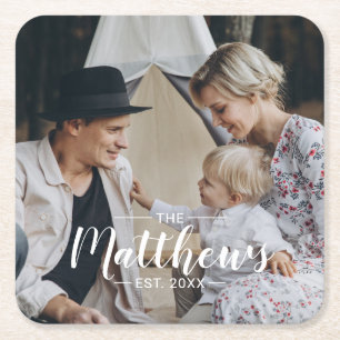 Aangepaste foto met familienaam en oprichtingsjaar kartonnen onderzetters