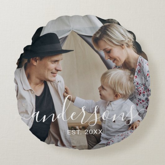 Aangepaste foto met familienaam en oprichtingsjaar rond kussen (Voorkant)
