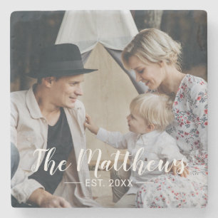 Aangepaste foto met familienaam en oprichtingsjaar stenen onderzetter