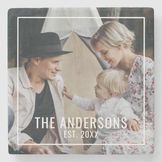 Aangepaste foto met familienaam en oprichtingsjaar stenen onderzetter (Voorkant)