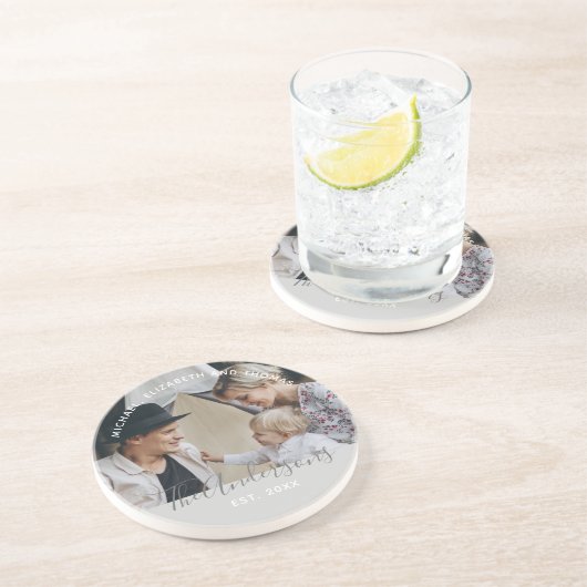 Aangepaste foto met familienaam en oprichtingsjaar zandsteen onderzetter (Zijkant)