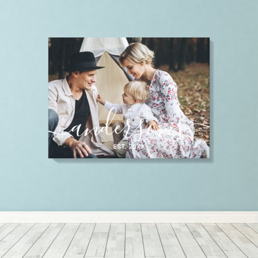 Aangepaste foto met familienaam en vastgesteld jaa canvas afdruk (Insitu (Houten vloer))