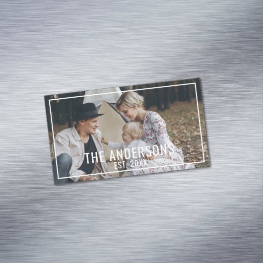 Aangepaste foto met familienaam en vastgesteld jaa magnetisch visitekaartje (Voorbeeld)