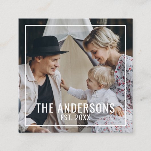 Aangepaste foto met familienaam en vastgesteld jaa vierkante visitekaartje (Voorkant)