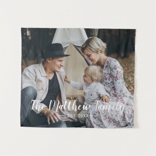 Aangepaste foto met familienaam en vastgesteld jaa wandkleed (Voorkant (horizontaal))