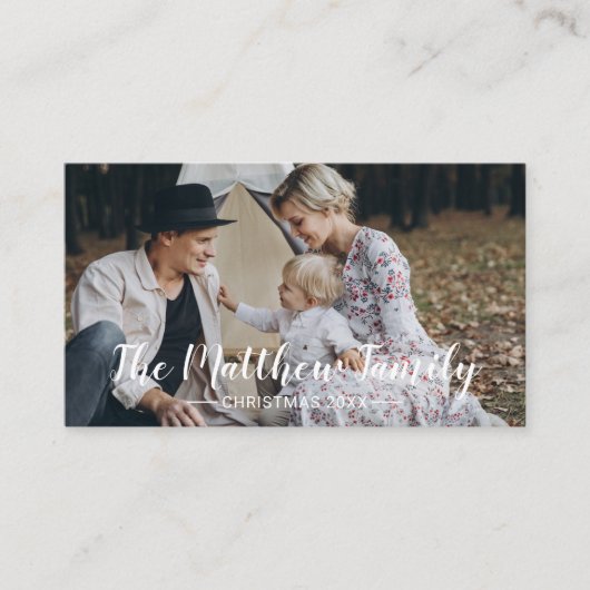 Aangepaste foto met familienaam-vakantiekaart visitekaartje (Voorkant)