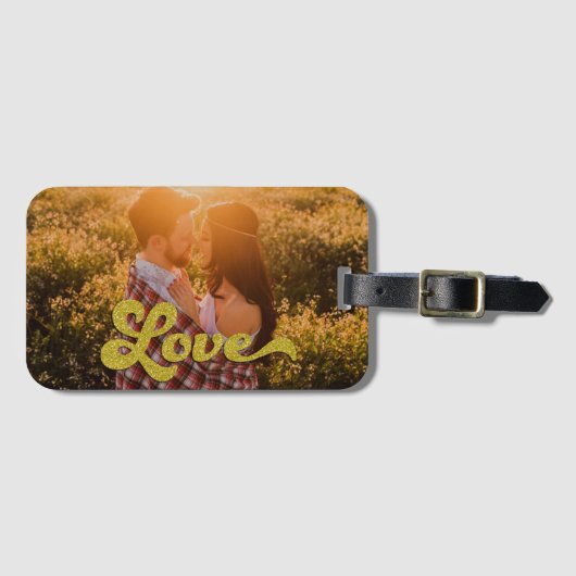 Aangepaste foto met gouden Love-overlay Bagagelabel (Voorkant (horizontaal))