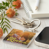 Aangepaste foto met gouden Love-overlay Sleutelhanger (Voorkant Rechts)