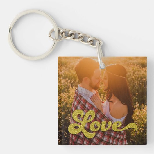 Aangepaste foto met gouden Love-overlay Sleutelhanger (Voorkant)