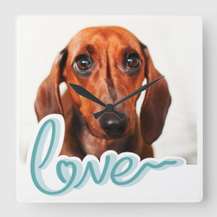 Aangepaste foto met LOVE in blauwe typografie Vierkante Klok