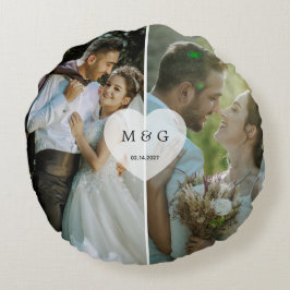 Aangepaste foto met monogram en datum symbool van rond kussen