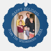 Aangepaste foto met naam Blue Border Holiday Ornament Kaart (Achterkant)