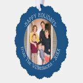 Aangepaste foto met naam Blue Border Holiday Ornament Kaart (Links)