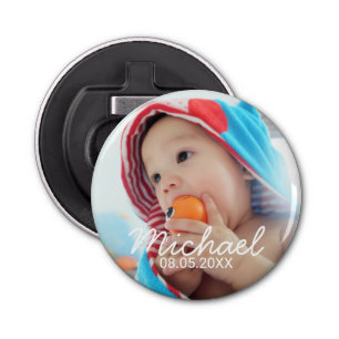Aangepaste foto met naam en datum button flesopener