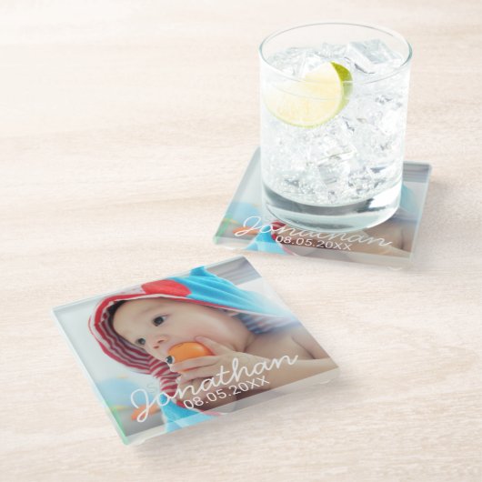 Aangepaste foto met naam en datum glazen onderzetter (Schuin)