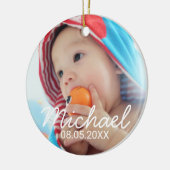 Aangepaste foto met naam en datum keramisch ornament (Links)