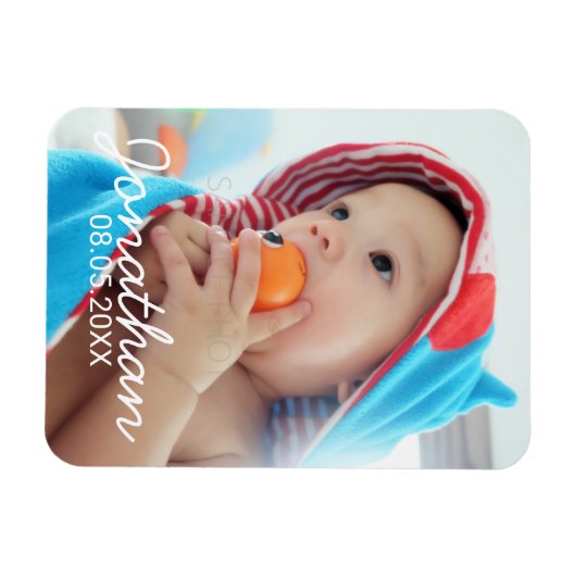 Aangepaste foto met naam en datum magneet (Horizontaal)