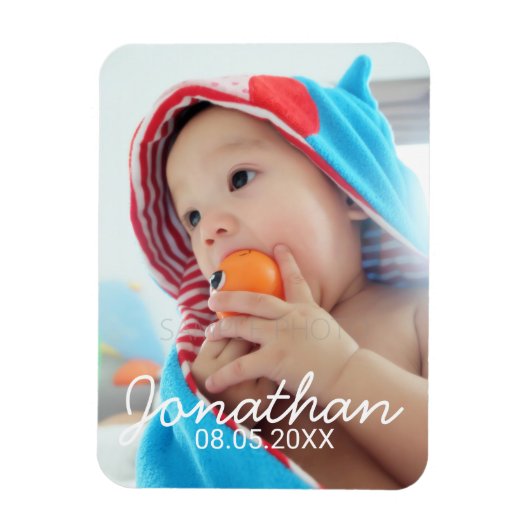 Aangepaste foto met naam en datum magneet (Verticaal)