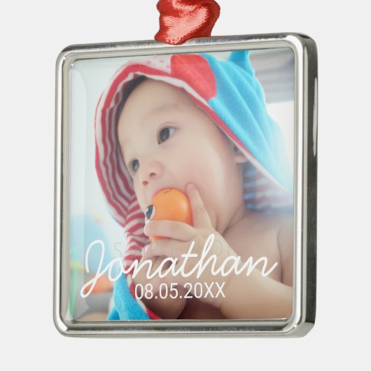 Aangepaste foto met naam en datum metalen ornament (Links)