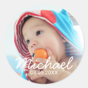Aangepaste foto met naam en datum ronde sticker