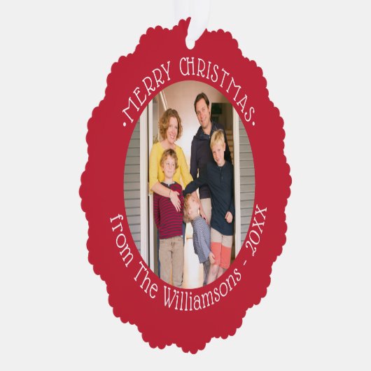 Aangepaste foto met naam Rood Groene Grenzen Kerst Ornament Kaart (Rechts)