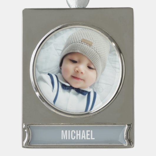 Aangepaste foto met naam verzilverd banner ornament (Voorkant)