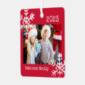 Aangepaste foto met sneeuwvlokken rood metalen ornament (Voorkant links)