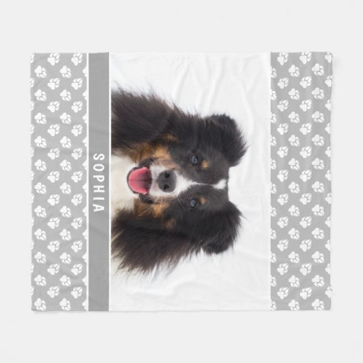 Aangepaste foto met witte poten op grijs & naam fleece deken (Voorkant (Horizontaal))