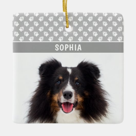 Aangepaste foto met witte poten op grijs & naam keramisch ornament (Voorkant)