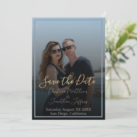 Aangepaste foto met zwarte bruiloft Save the Date (Staand voorkant)