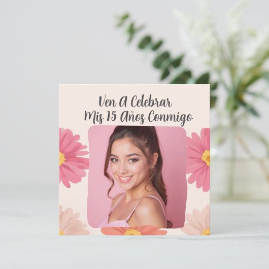 Aangepaste Foto Mis Quince Flores Quinceañera Rosa Kaart (Staand voorkant)