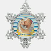 Aangepaste foto Modern Stripe Blauwgroen en Blauw Tin Sneeuwvlok Ornament (Voorkant)