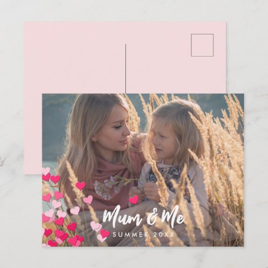 Aangepaste foto Modern Writing Scattered Pink Hear Briefkaart (Voorkant / Achterkant)