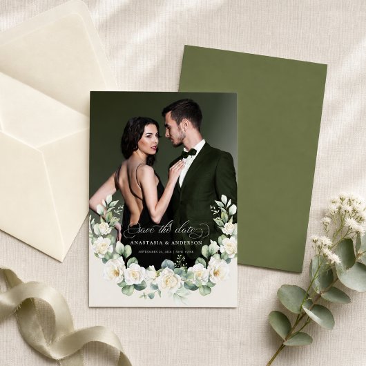 Aangepaste foto moderne botanische groene trouw save the date