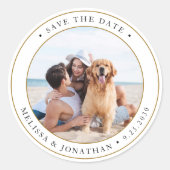 Aangepaste foto moderne bruiloft bespaart de datum ronde sticker (Voorkant)