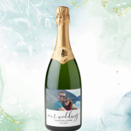 Aangepaste foto Moderne ontspannen bruiloft Sparkling Wijnetiket