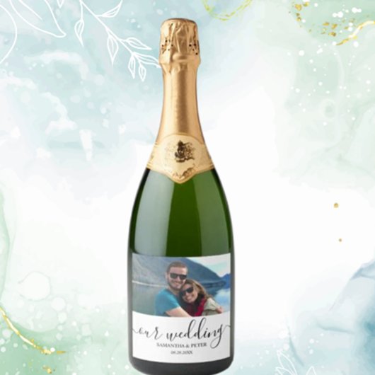 Aangepaste foto Moderne ontspannen bruiloft Sparkling Wijnetiket