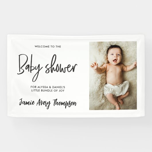 Aangepaste foto Moderne Script Baby Shower Welkom Spandoek (Horizontaal)