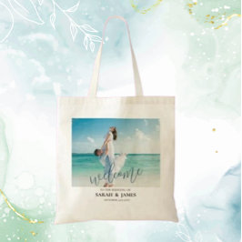 Aangepaste foto moderne strand huwelijks welkom tote bag