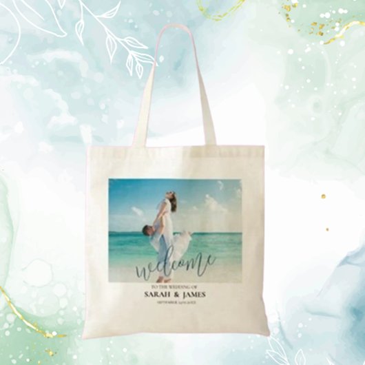 Aangepaste foto moderne strand huwelijks welkom tote bag