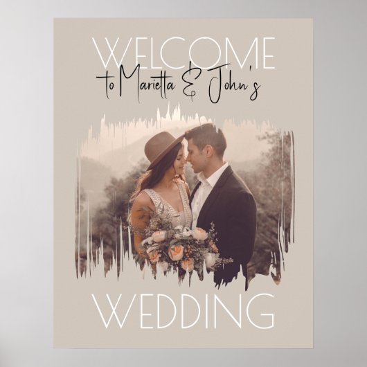 Aangepaste foto moderne taupe huwelijks welkom bor poster (Voorkant)