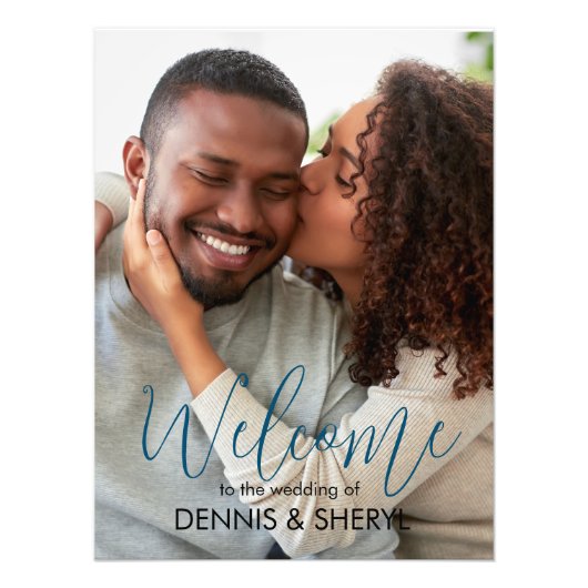 Aangepaste foto moderne trouwkaart blauw afdruk (Voorkant)