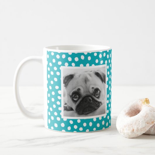 Aangepaste foto-Mok van het Bright Blue White Dot Koffiemok (Met donut)